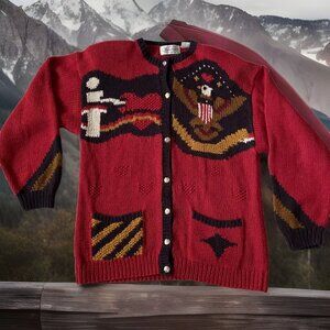 Vintage Patriotic Cardigan Sweater M Eagle Army USA Red Black